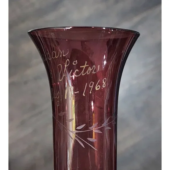 Amethyst Purple Glass 1968 Glows Gren 8" Bud Vase Pedestal Base Art Personalized - Picture 3 of 10